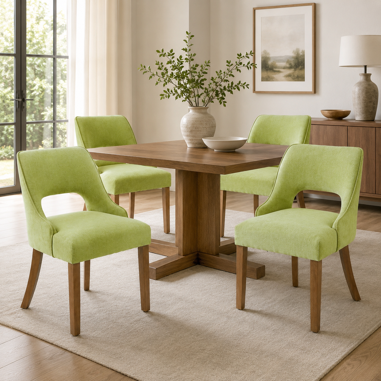 CRERIYO Upholstered Dining Chair, Linen Fabric Seat with Wood Legs and Cutout Back, Modern Armless Kitchen Dining Room Furniture, Linen