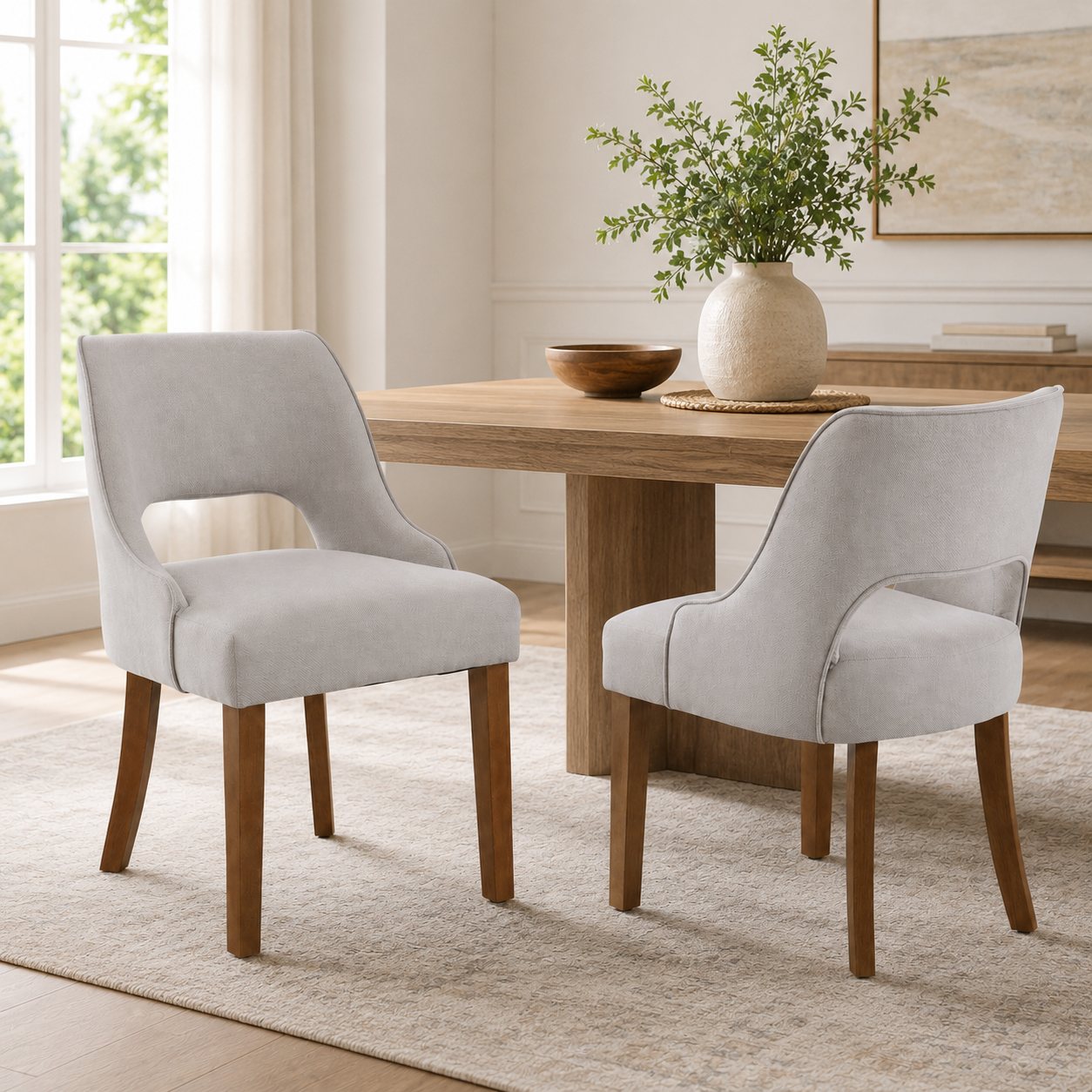 CRERIYO Upholstered Dining Chair, Linen Fabric Seat with Wood Legs and Cutout Back, Modern Armless Kitchen Dining Room Furniture, Linen