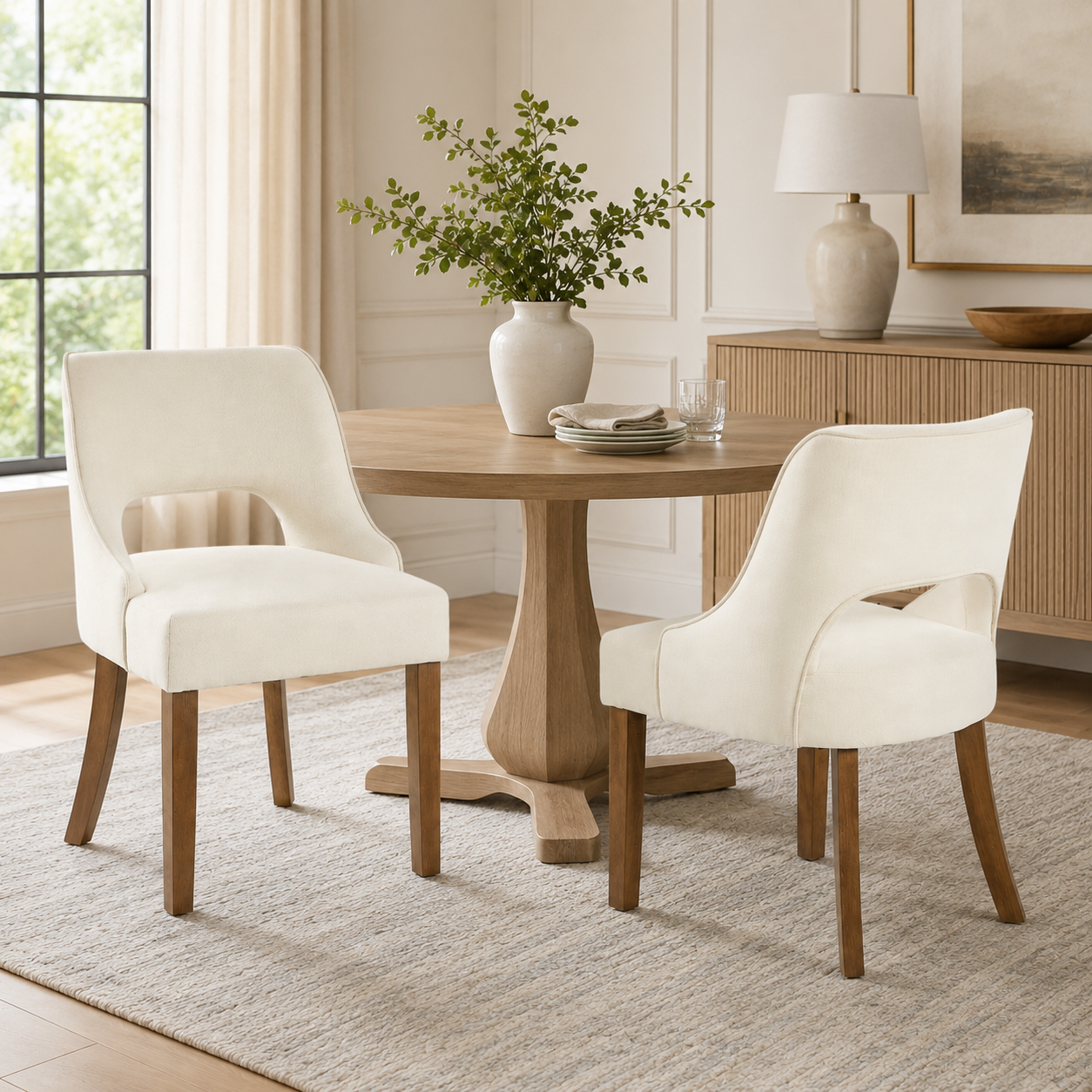 CRERIYO Upholstered Dining Chair, Linen Fabric Seat with Wood Legs and Cutout Back, Modern Armless Kitchen Dining Room Furniture, Linen
