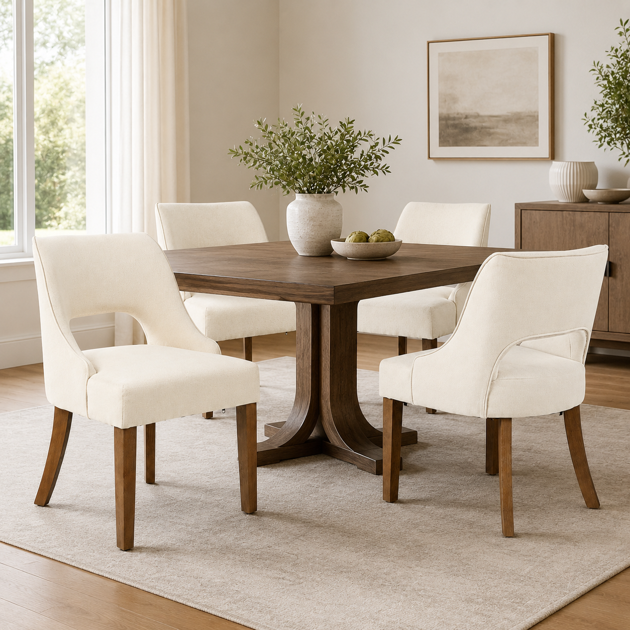 CRERIYO Upholstered Dining Chair, Linen Fabric Seat with Wood Legs and Cutout Back, Modern Armless Kitchen Dining Room Furniture, Linen