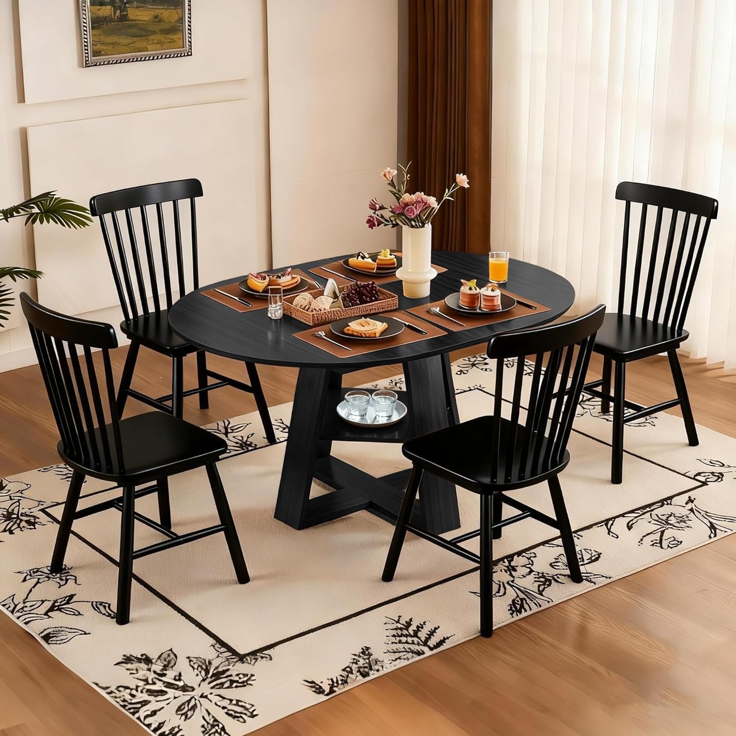 Fancrou 43.3-59in Extendable Round-Oval Dining Table Set for 4-6, Table+4 Balck Chairs