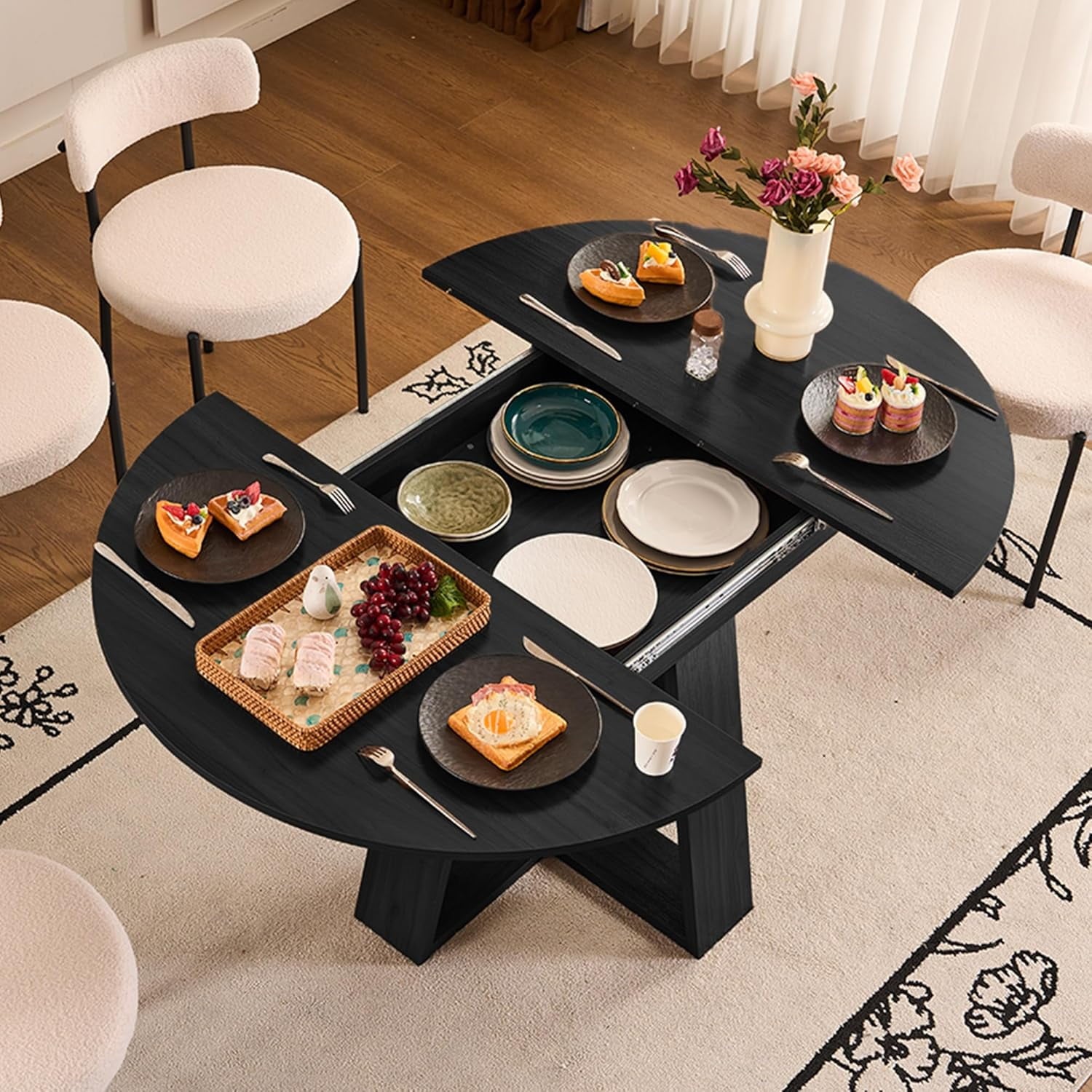 Fancrou 43.3-59in Extendable Round-Oval Dining Table Set for 4-6