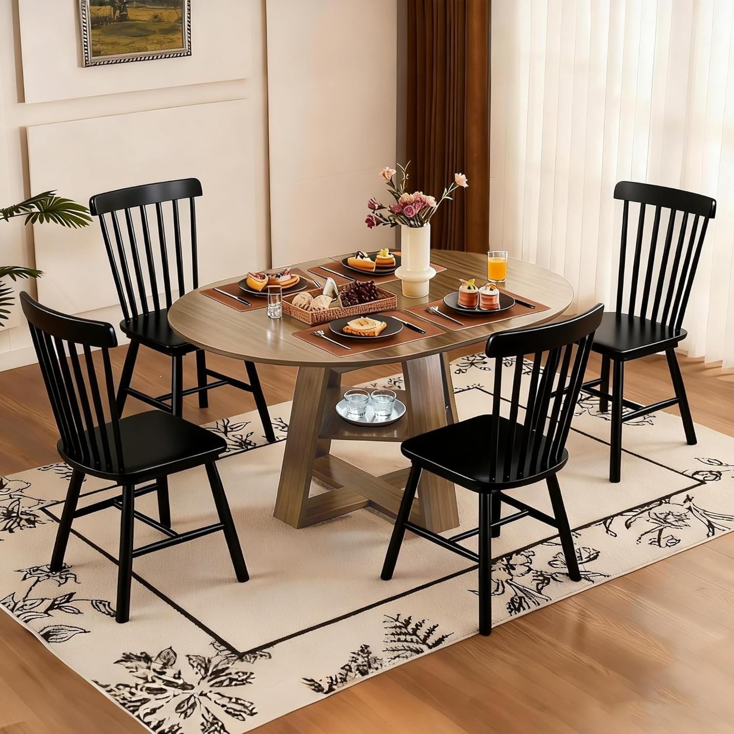 Fancrou 43.3-59in Extendable Round-Oval Dining Table Set for 4-6, Table+4 Balck Chairs
