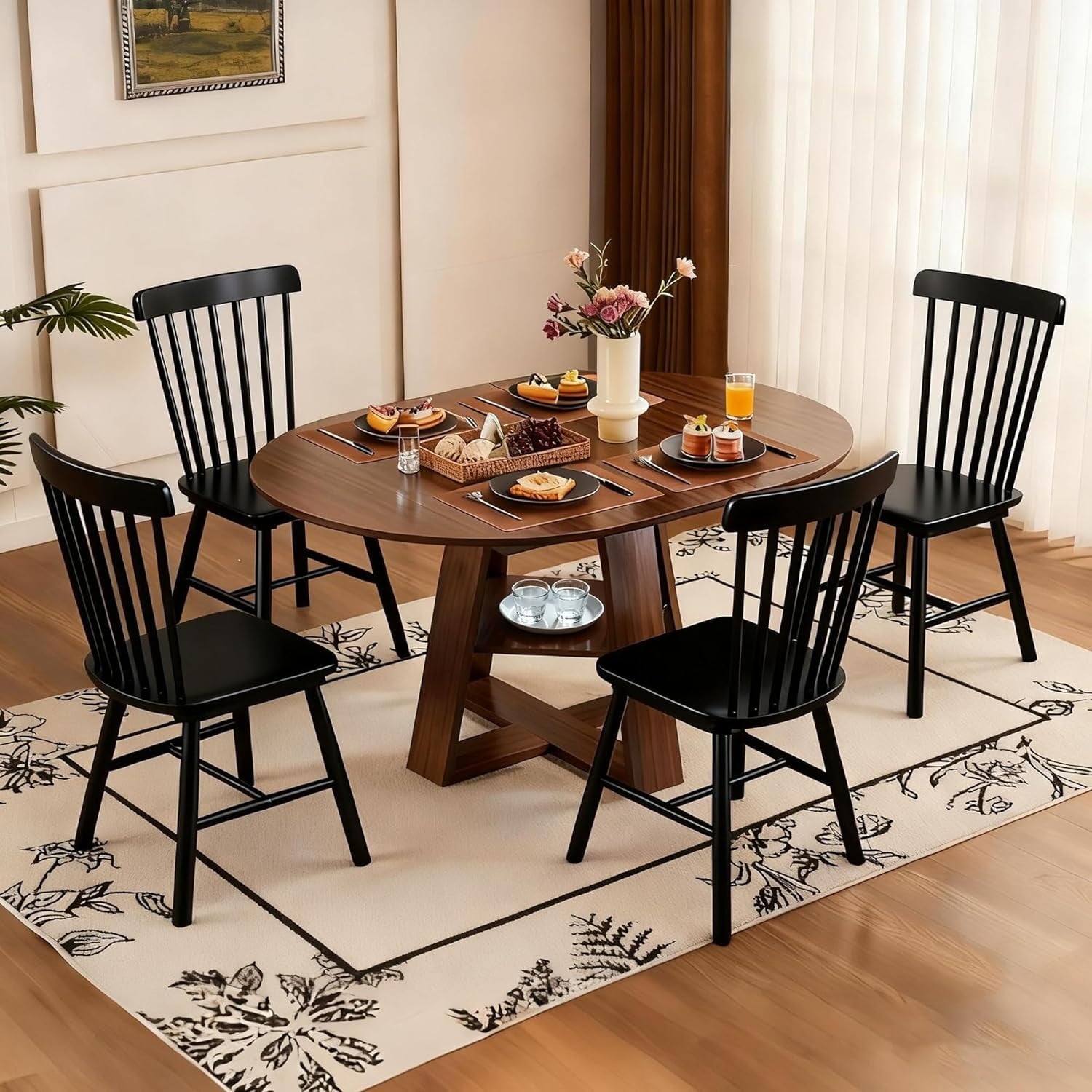 Fancrou 43.3-59in Extendable Round-Oval Dining Table Set for 4-6, Table+4 Balck Chairs