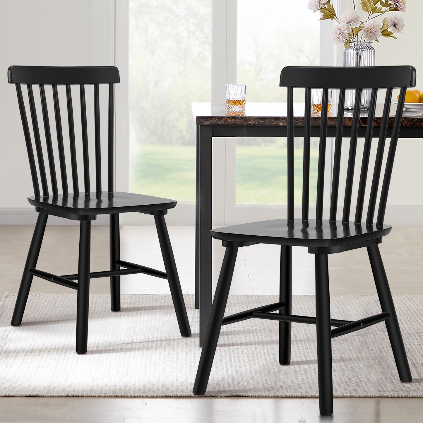 ClinQ Wooden Windsor Dining Chair Set of 2, Spindle Back, Armless, Farmhouse Kitchen and Dining Room Seating