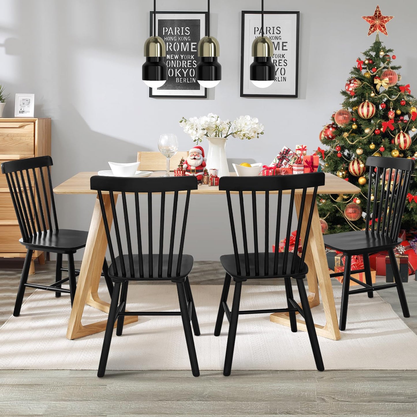 ClinQ Wooden Windsor Dining Chair Set of 2, Spindle Back, Armless, Farmhouse Kitchen and Dining Room Seating